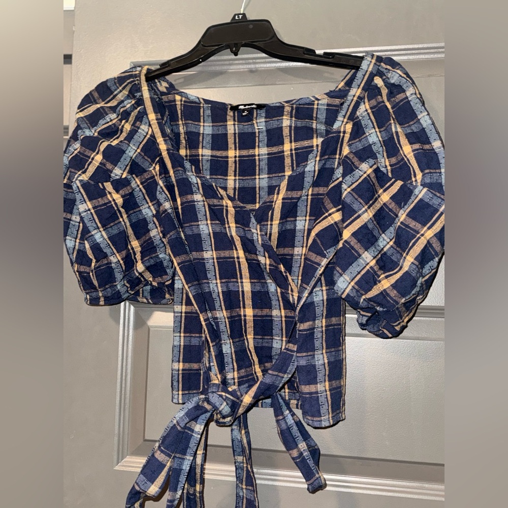 Madewell Blue and Yellow Sweetheart Plaid Wrap Blouse